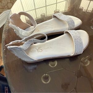 Yosi Samra Silver-Embellished White Ankle-Strap Flat Sandals